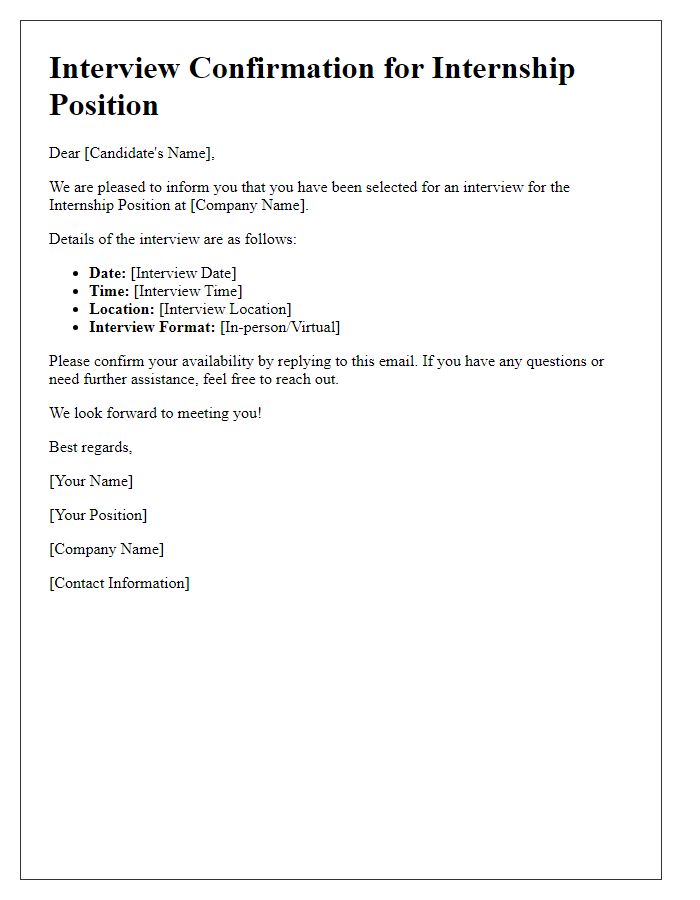 Letter template of Interview Confirmation for Internship Position