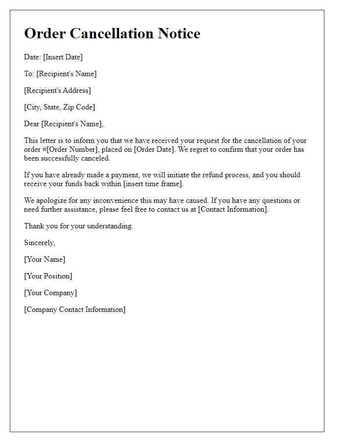 Letter template of instant order cancellation notice