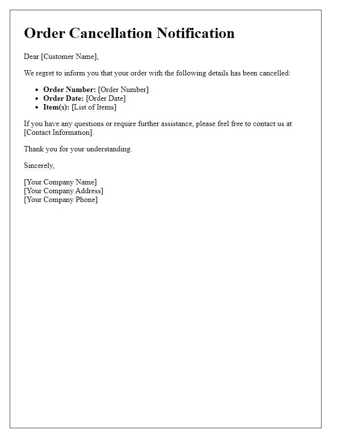 Letter template of order cancellation notification