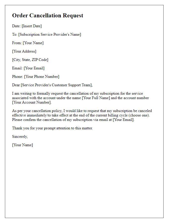 Letter template of order cancellation for subscription service