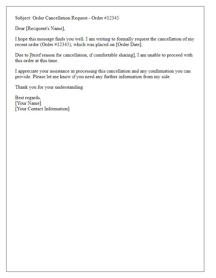 Letter template of a polite order cancellation email