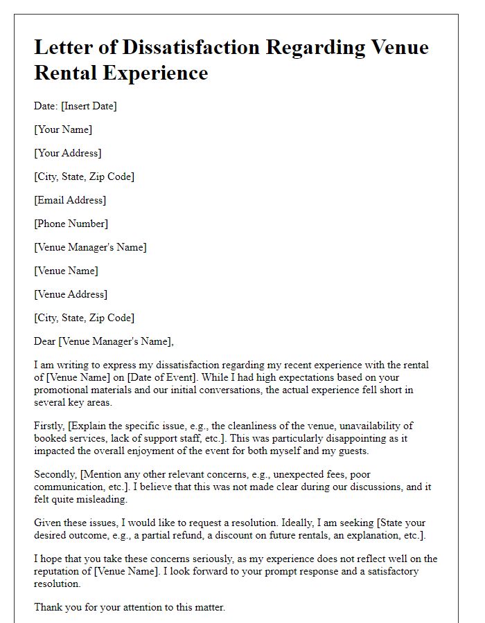 Letter template of dissatisfaction regarding venue rental experience