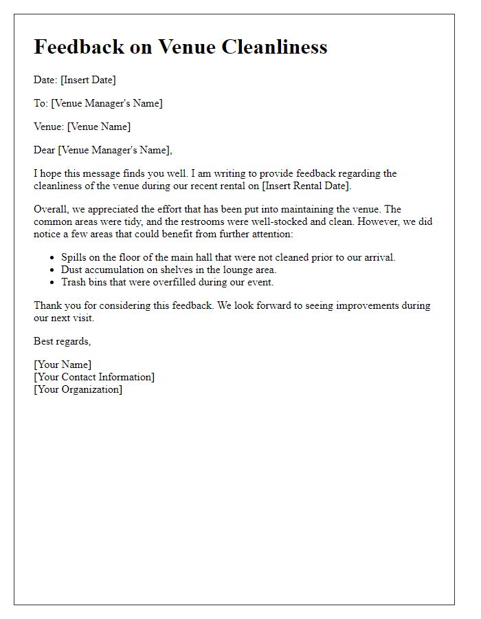 Letter template of feedback on venue cleanliness during rental