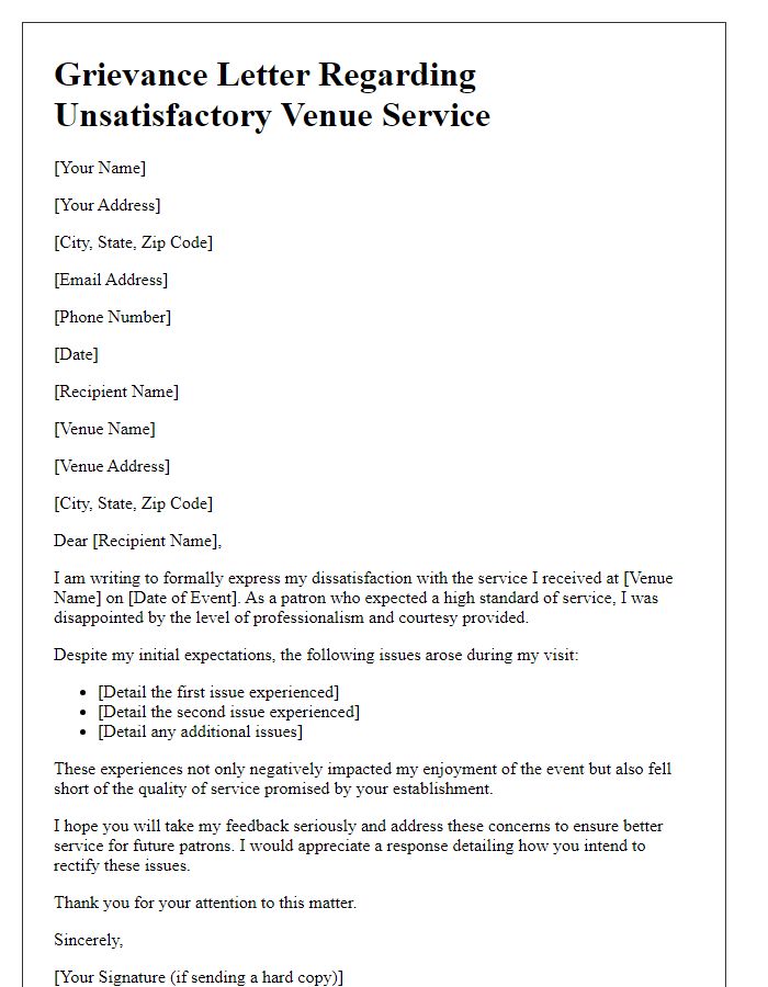 Letter template of grievance over unsatisfactory venue service