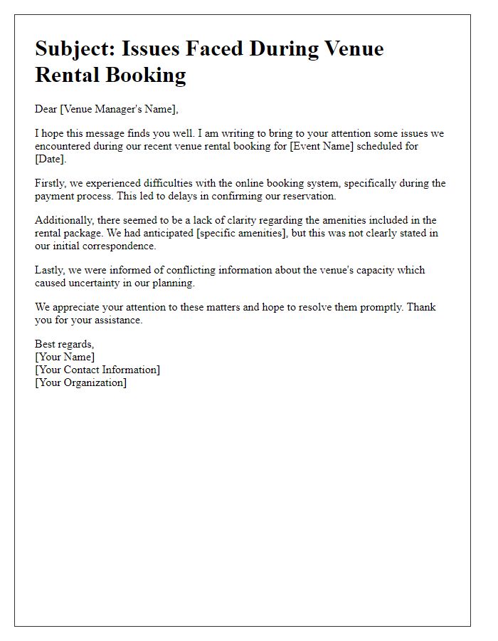 Letter template of issues faced during venue rental booking