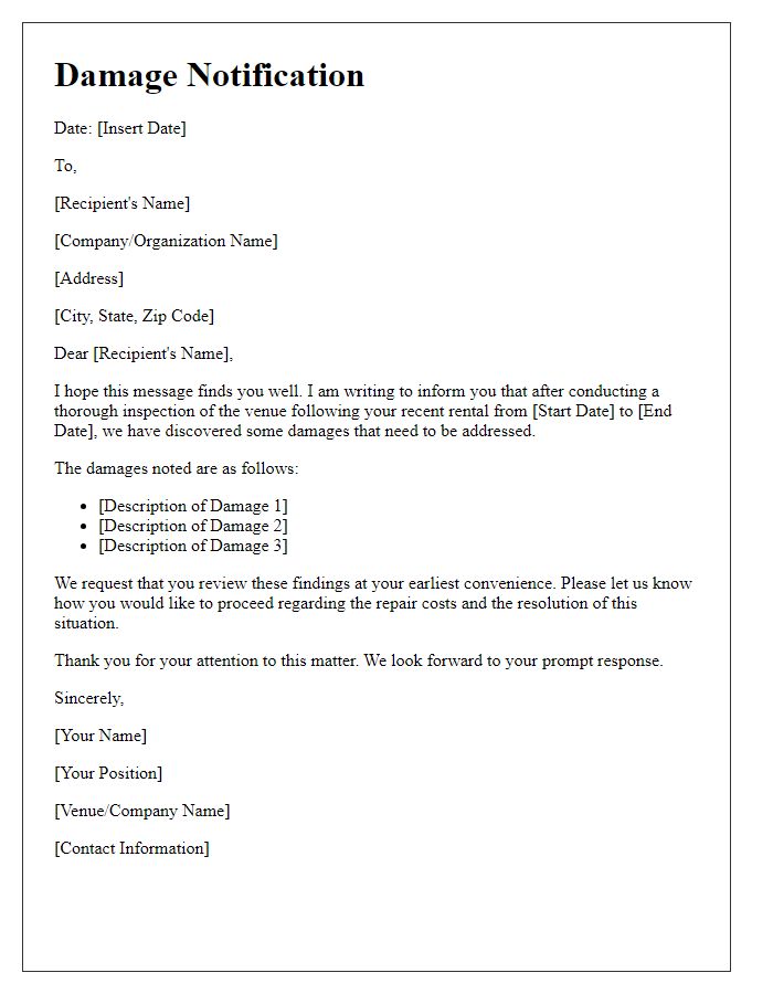 Letter template of notification of damage discovered post-venue rental