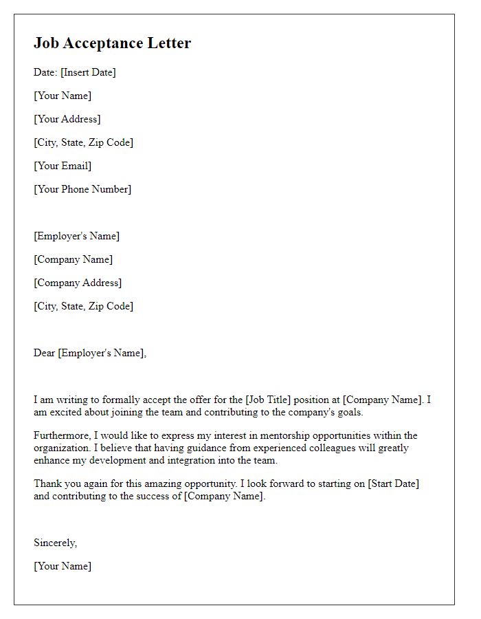 Letter template of job acceptance with mentorship opportunities request