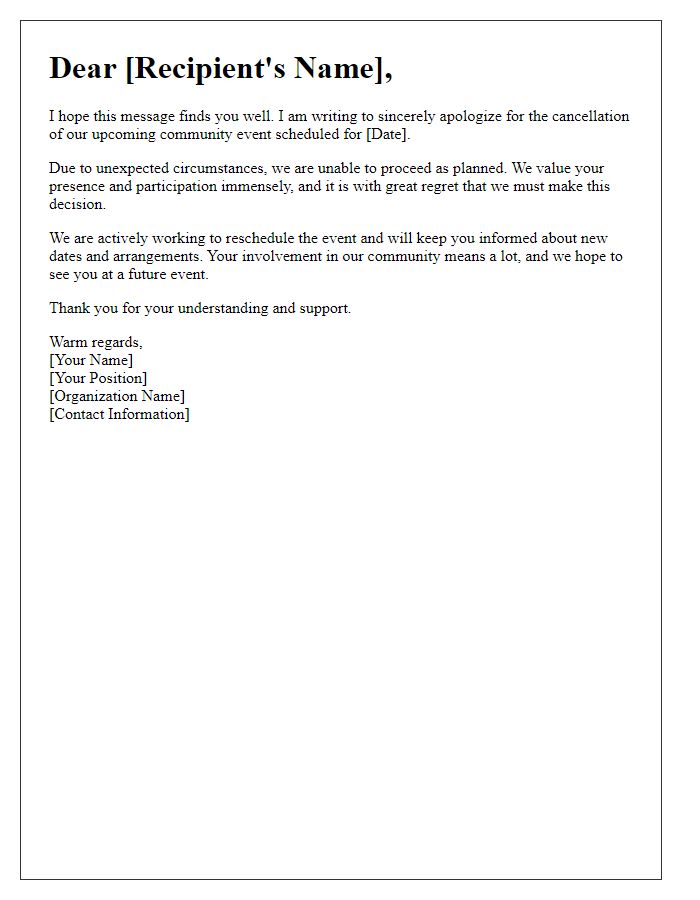 Letter template of appointment cancellation apology for a community event.