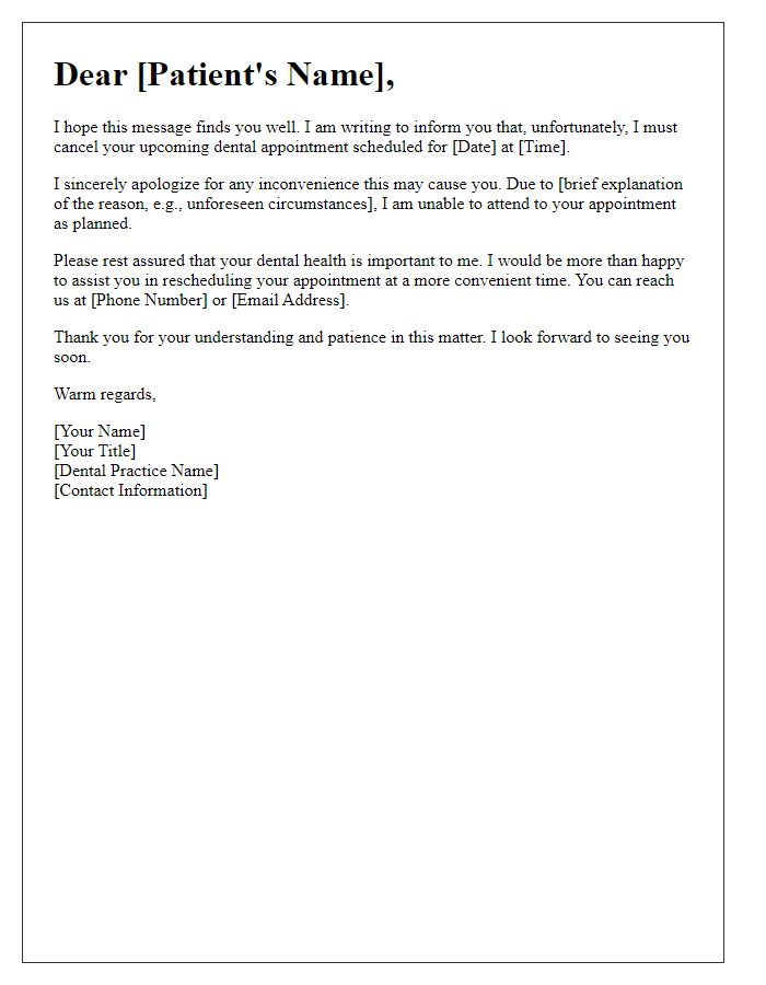 Letter template of appointment cancellation apology for a dental visit.