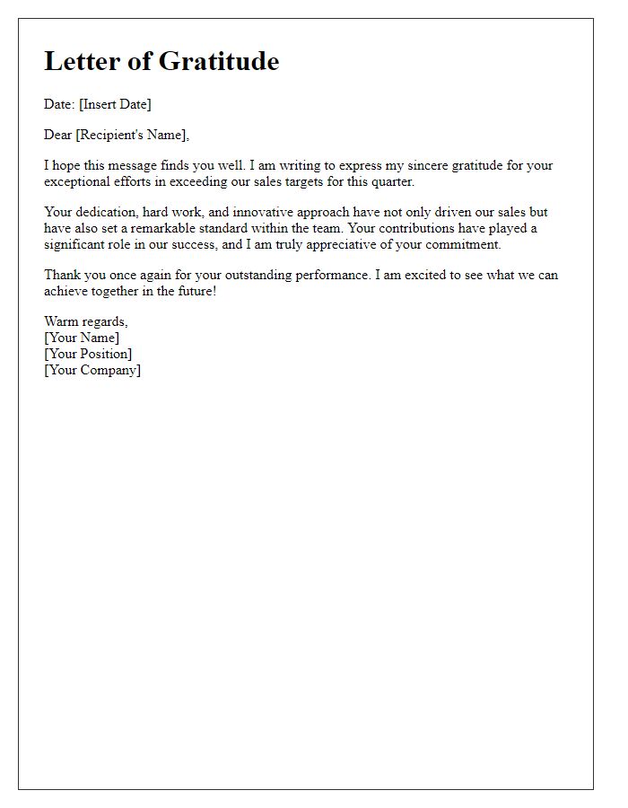 Letter template of gratitude for exceeding sales targets