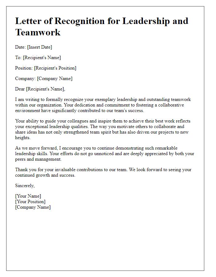 Letter template of recognition for leadership and teamwork