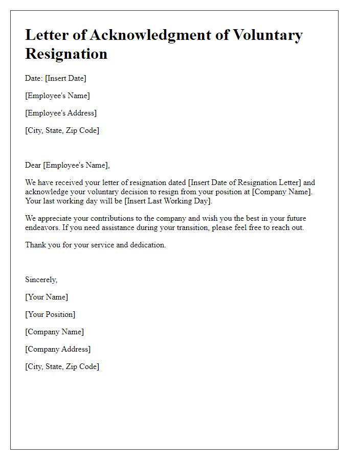 Letter template of acknowledgement of voluntary resignation