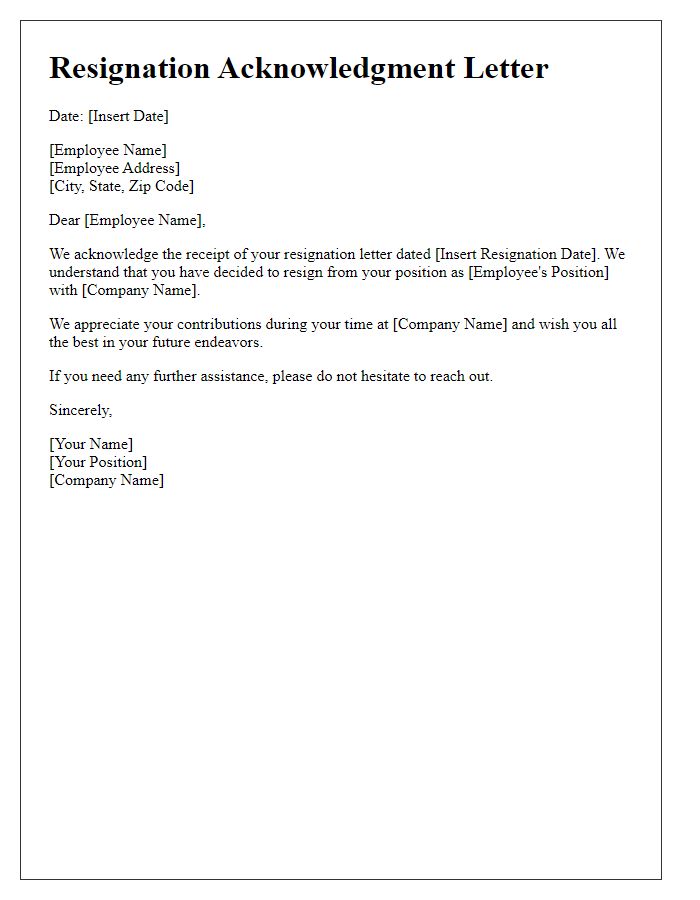 Letter template of acknowledgment for job resignation submission