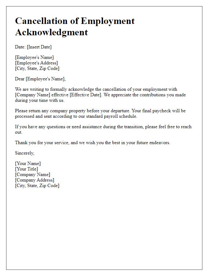 Letter template of cancellation of employment acknowledgment