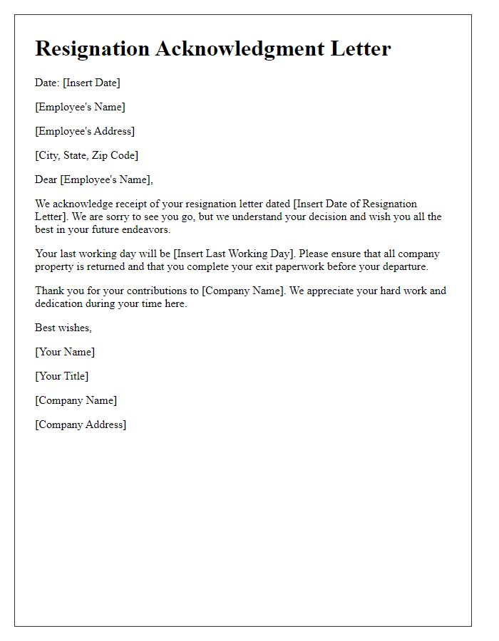 Letter template of resignation acknowledgment for employee