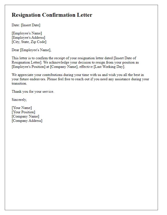 Letter template of resignation confirmation for staff member