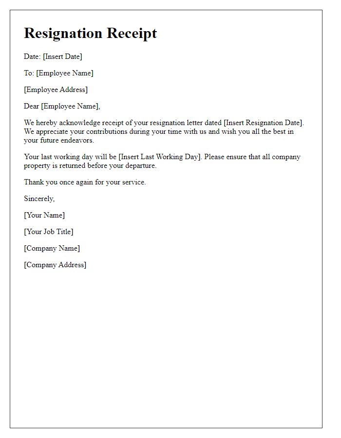 Letter template of resignation receipt for departing employee