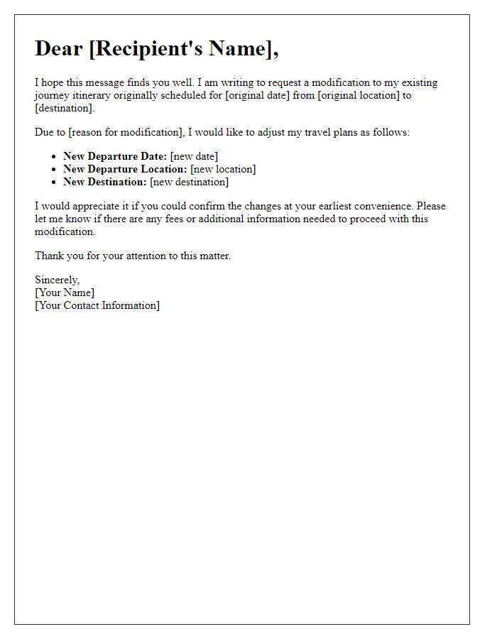 Letter template of journey itinerary modification