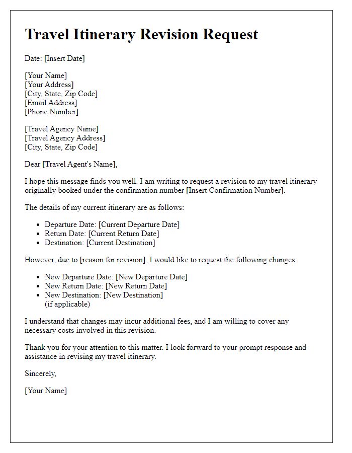 Letter template of travel itinerary revision request