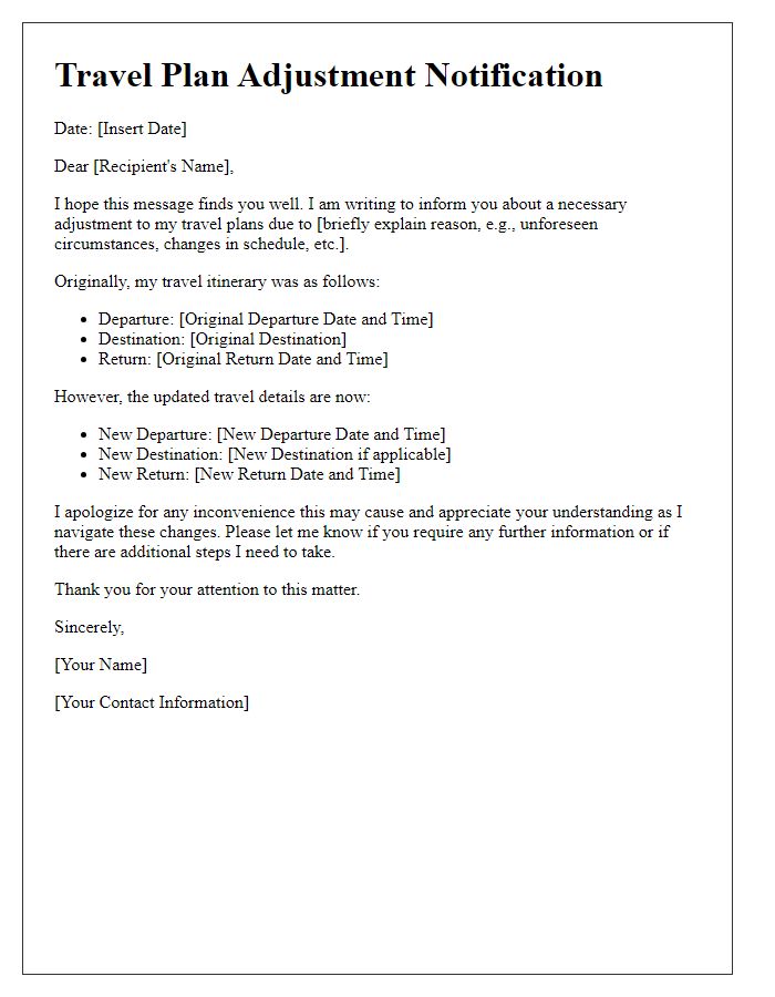 Letter template of travel plan adjustment