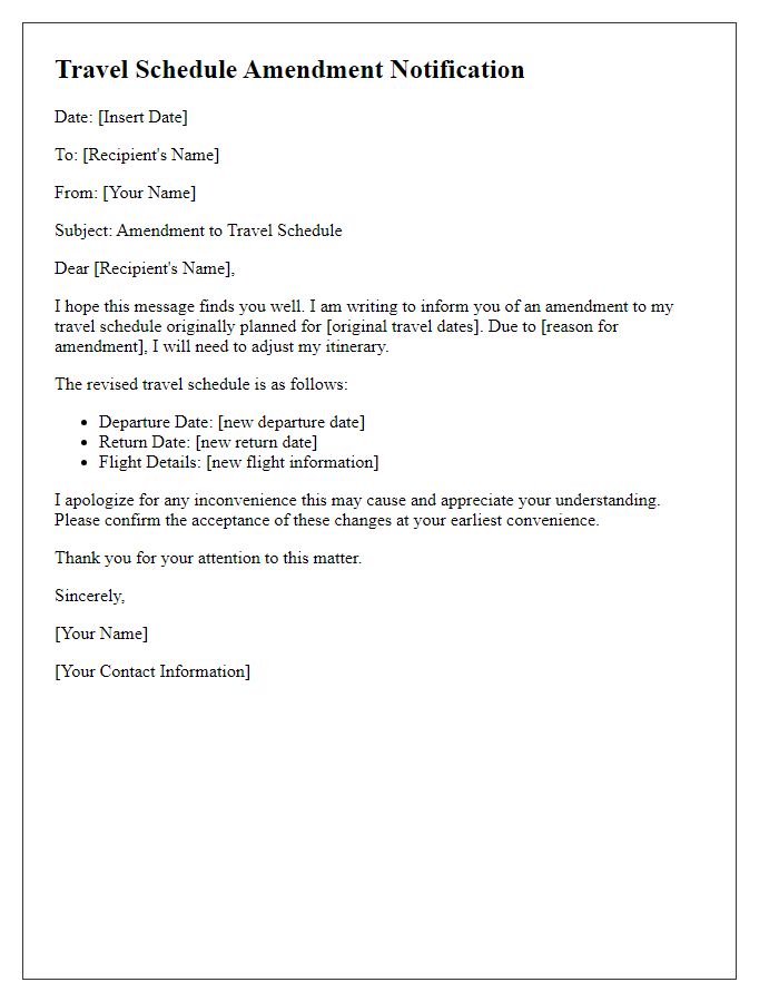 Letter template of travel schedule amendment