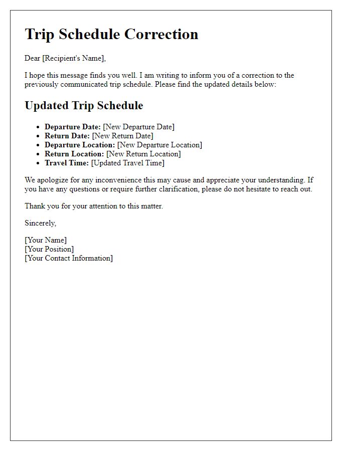 Letter template of trip schedule correction