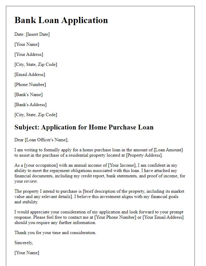 Letter template of bank loan application for home purchase.