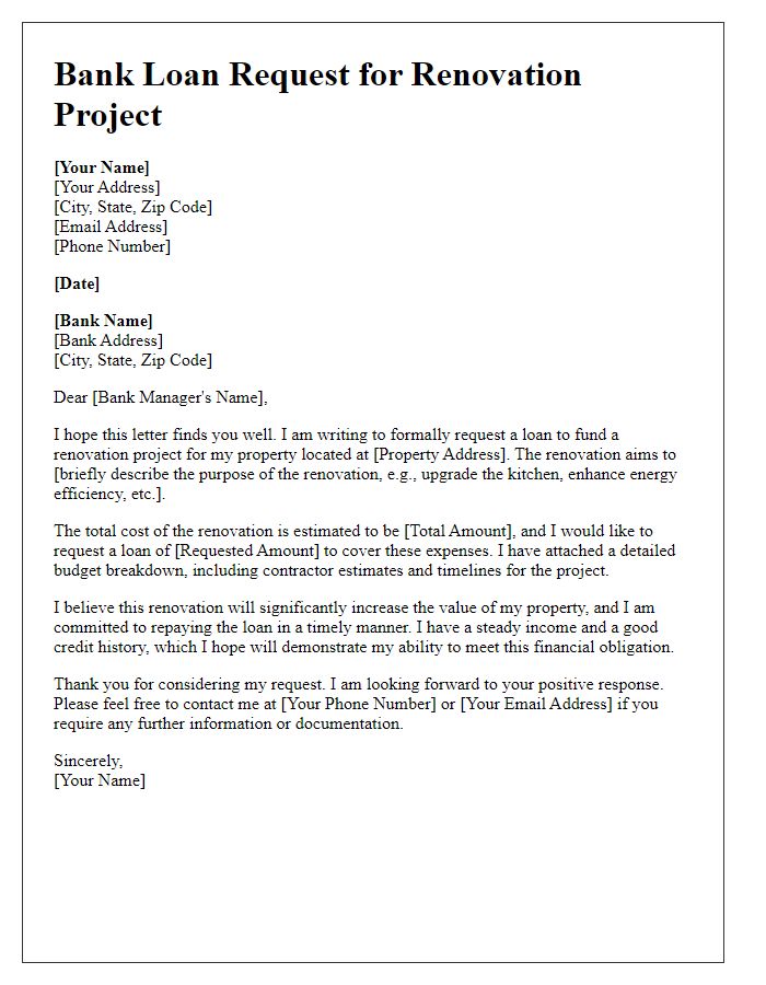 Letter template of bank loan request for renovation projects.