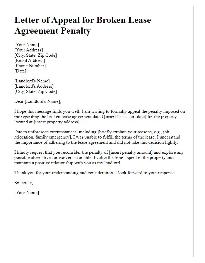 Letter template of broken lease agreement penalty appeal