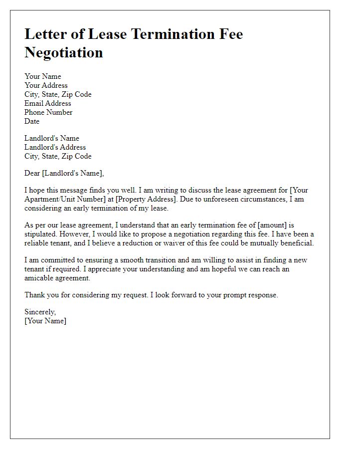 Letter template of early lease termination fee negotiation