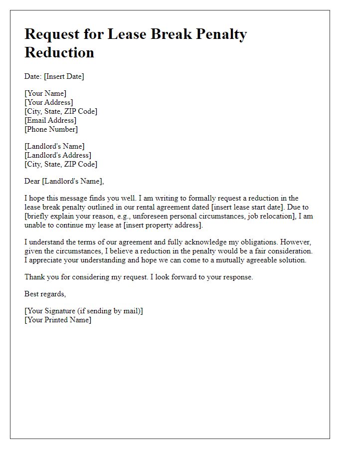 Letter template of lease break penalty reduction request