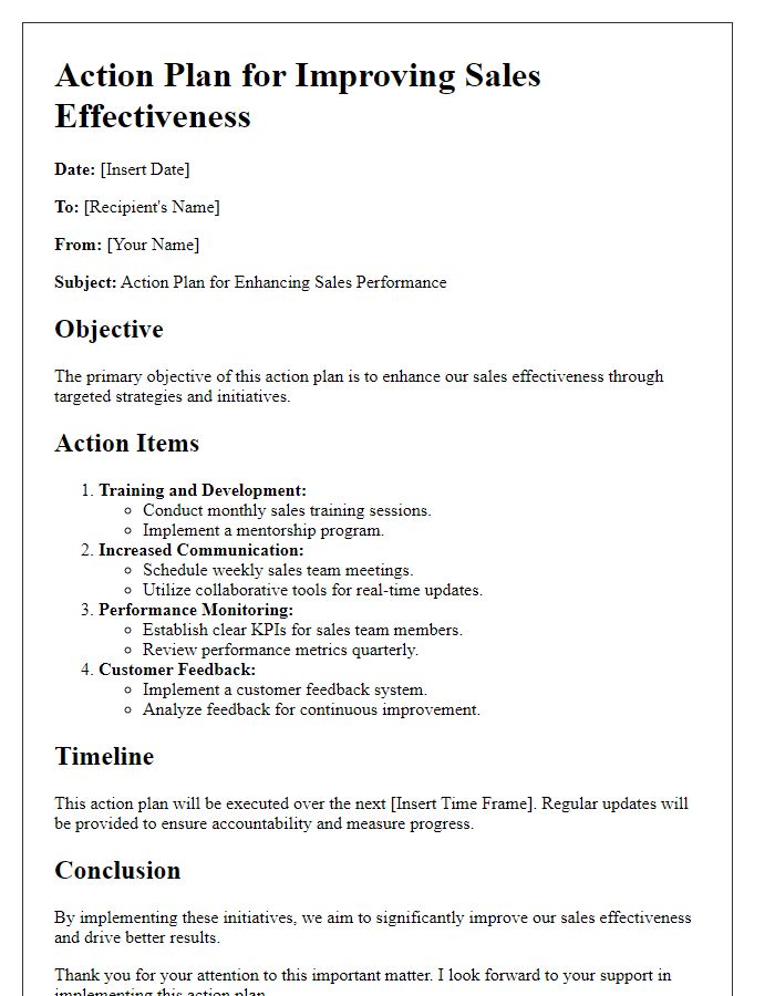 Letter template of action plan for improving sales effectiveness.