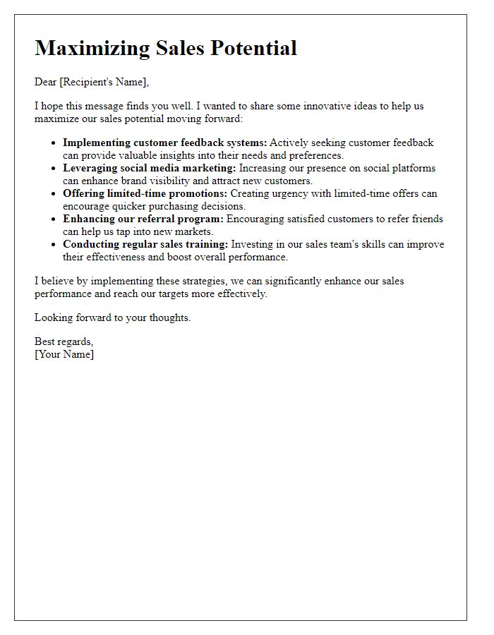 Letter template of ideas for maximizing sales potential.