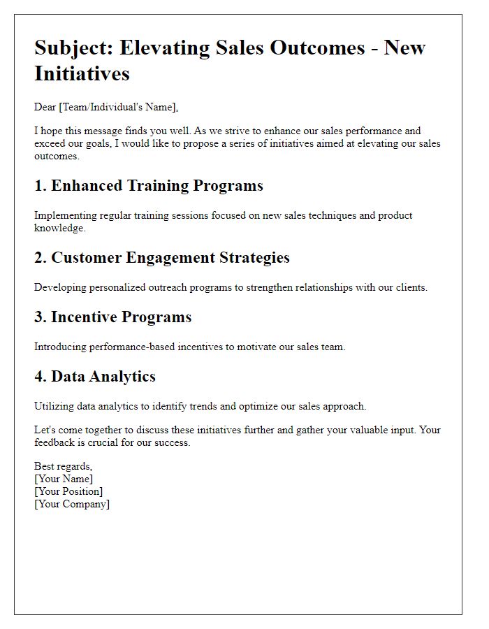 Letter template of initiatives to elevate sales outcomes.