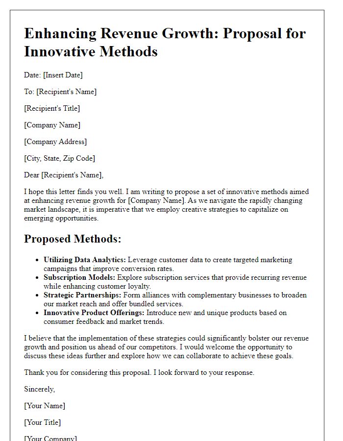 Letter template of innovative methods to enhance revenue growth.