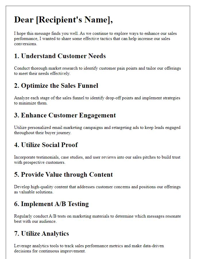 Letter template of tactics for increasing sales conversions.