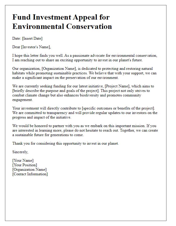 Letter template of fund investment appeal for environmental conservation.