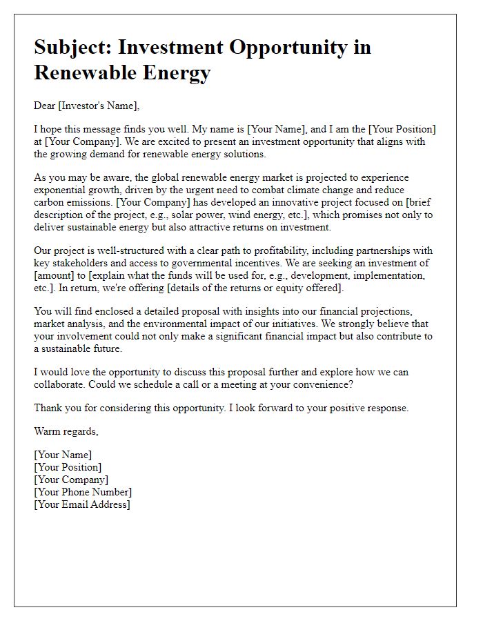 Letter template of fund investment pitch for renewable energy.