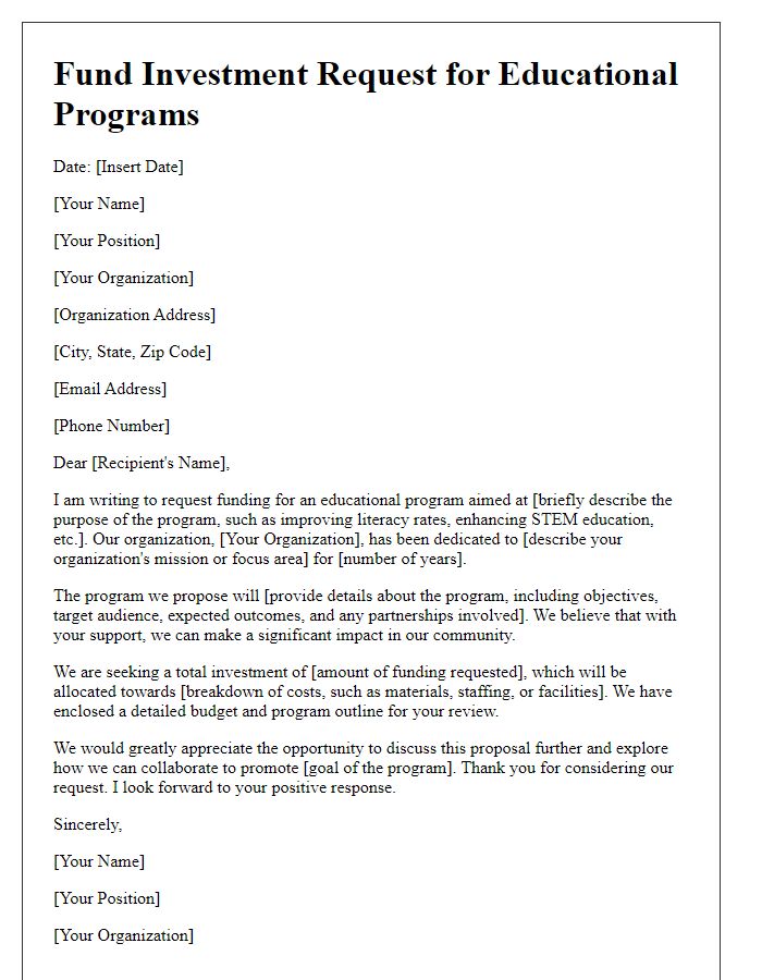 Letter template of fund investment request for educational programs.