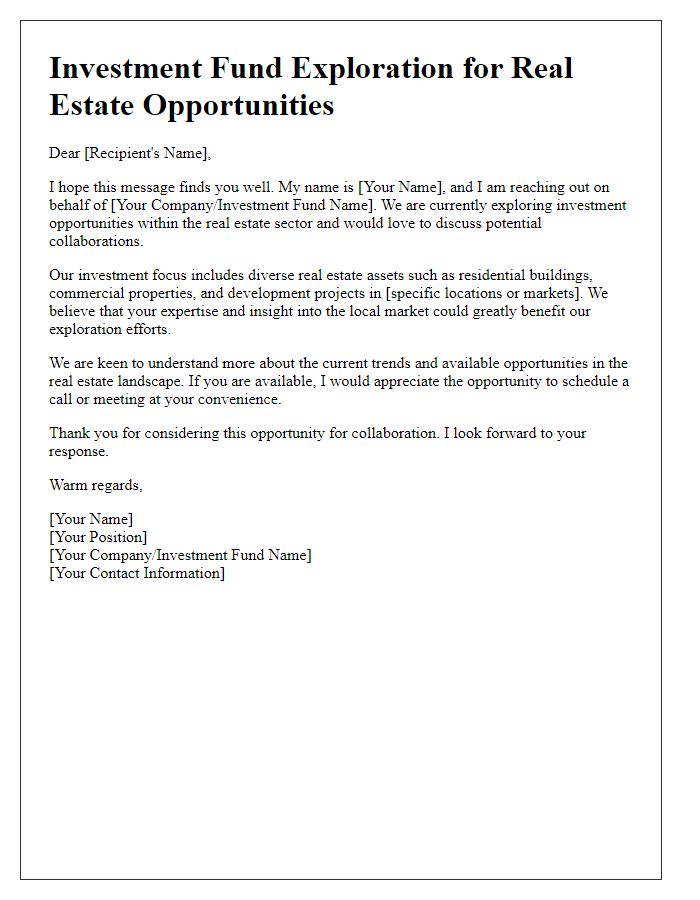 Letter template of investment fund exploration for real estate opportunities.