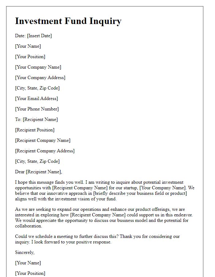 Letter template of investment fund inquiry for startups.