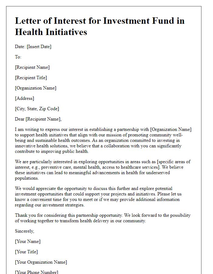 Letter template of investment fund interest for health initiatives.