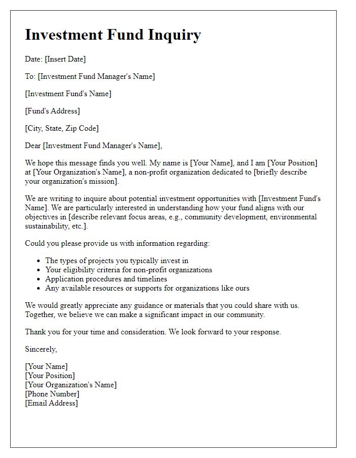 Letter template of investment fund query for non-profit organizations.