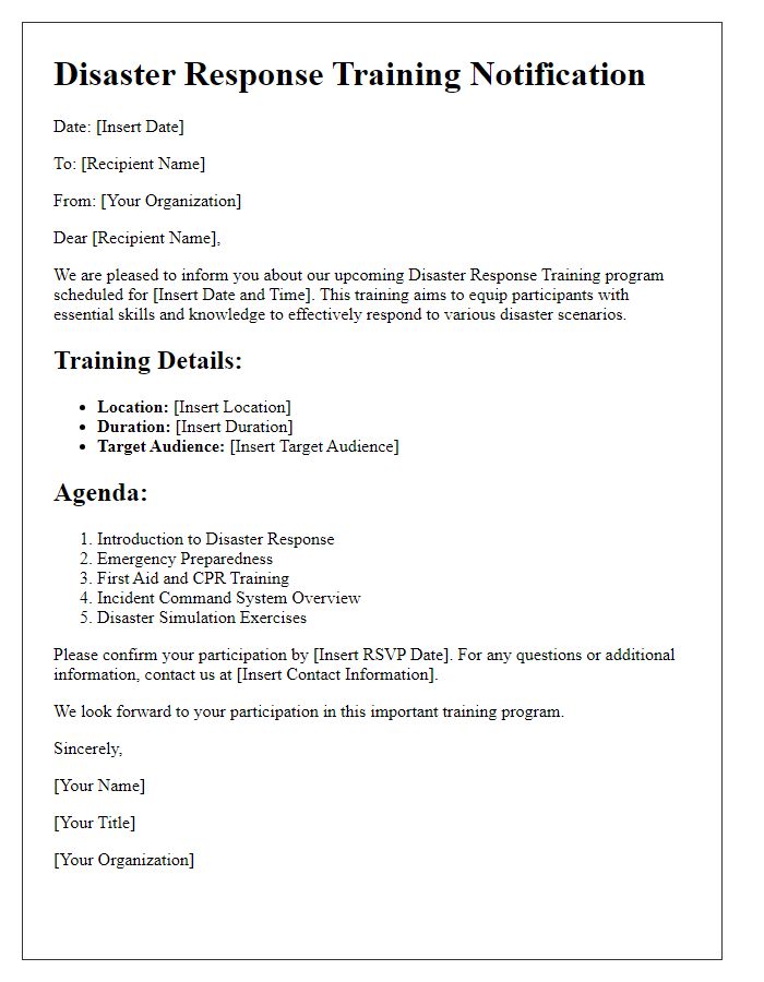 Letter template of disaster response training and information