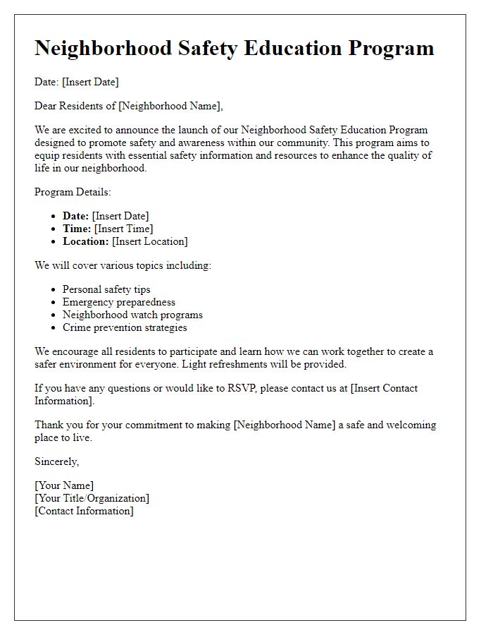 Letter template of neighborhood safety education program