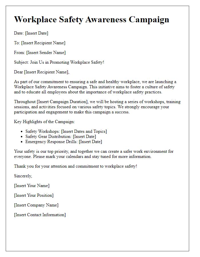 Letter template of workplace safety awareness campaign