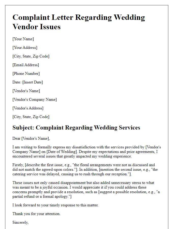 Letter template of complaint about wedding vendor issues.