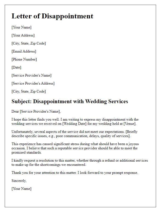 Letter template of expression of disappointment with wedding services.