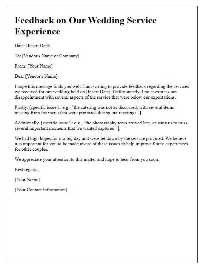 Letter template of feedback on poor wedding service experience.