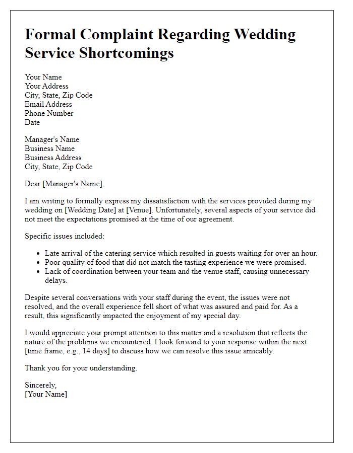 Letter template of formal complaint for wedding service shortcomings.